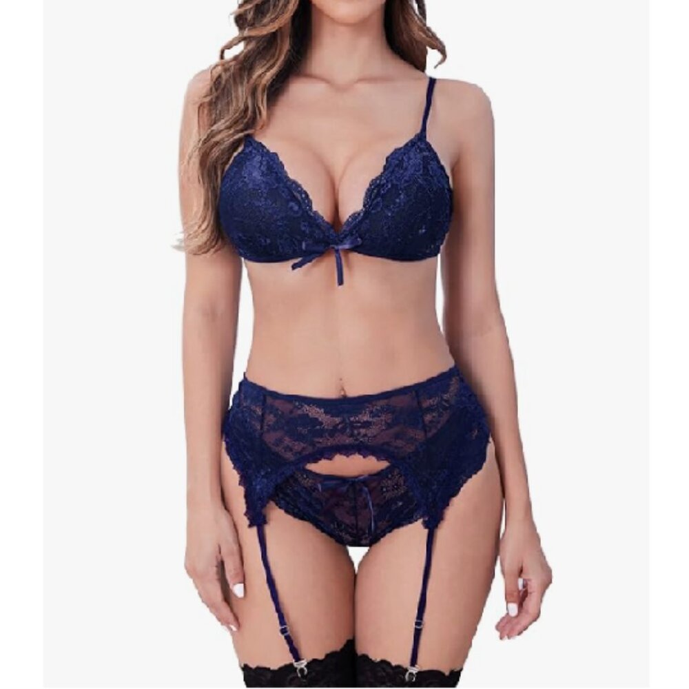 NWOT Navy Blue Lace Lingerie Set w/ Garter Belt, Size S